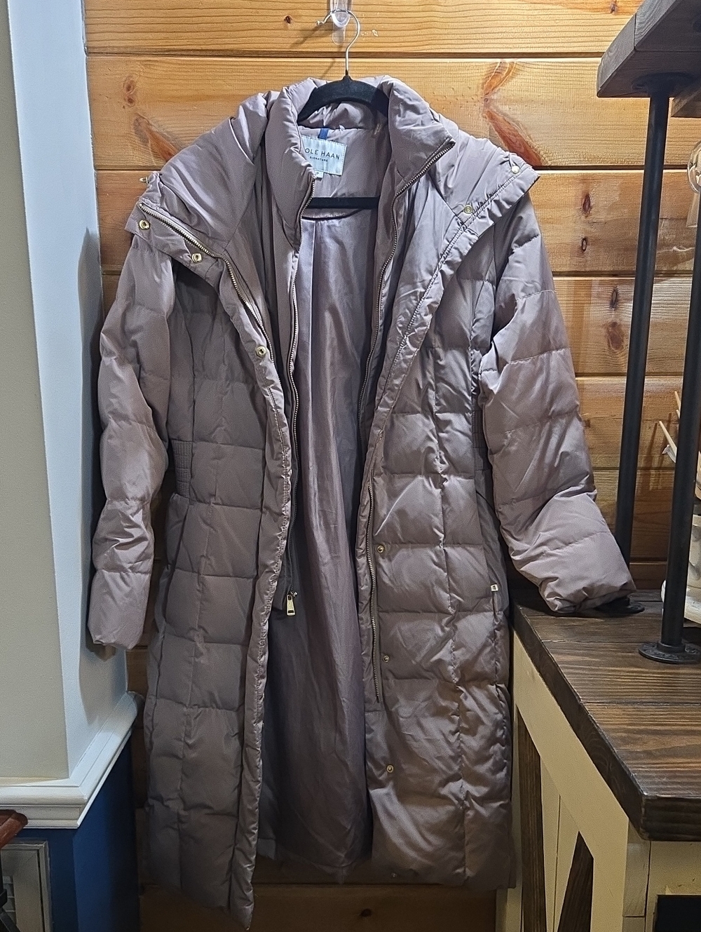 Cole Haan Long Quilted Hooded Down Puffer Coat in Taupe Small